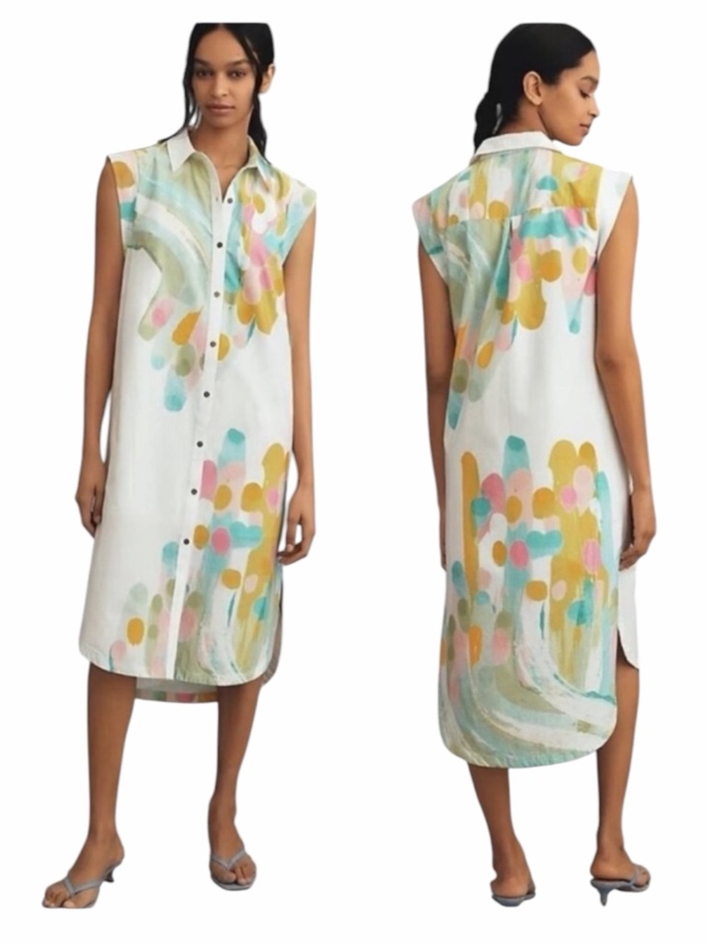 Anthropologie | MAEVE Cap-Sleeve Mint Floral Button-Front Midi Dress. XS Petite